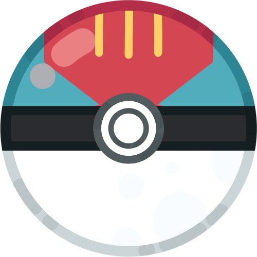 a lure ball from pokémon. it has a teal-based top half, which is cut vertically by a red arrow shape. there are three yellow lines at the very top. the bottom is white, and separated from the top by a black band